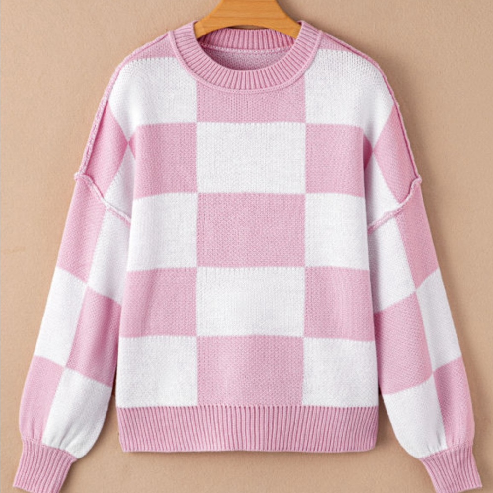 Pink Checkered Bubble Sleeved Crew Neck Knit Sweater - Picture 4 of 11